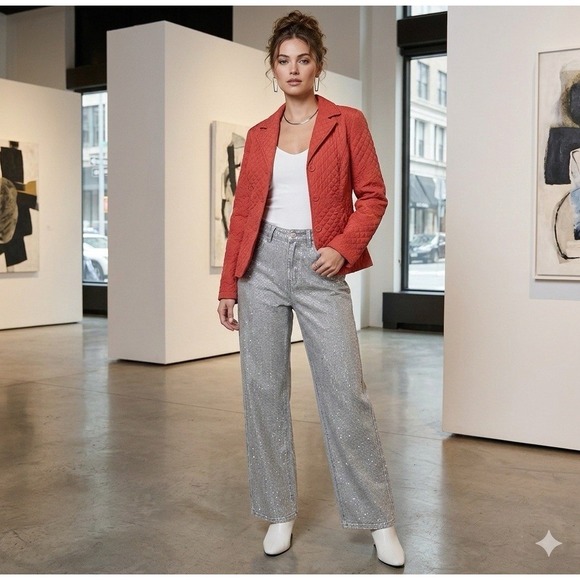 RQT Jackets & Blazers - RQT Womens Size PM Quilted Jacket Red Petite Lightweight Button Front Embroidery